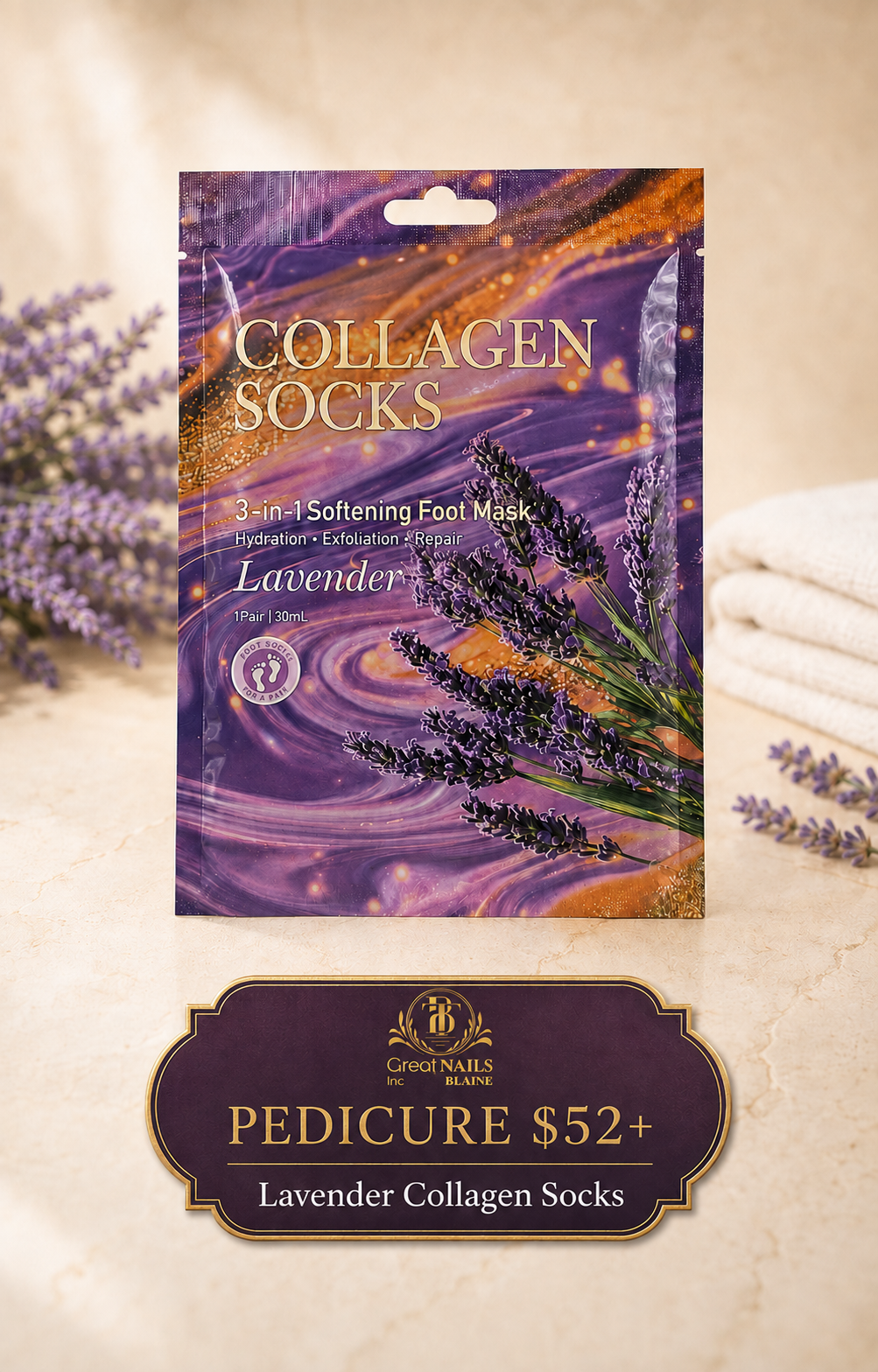 Lavender Collagen Socks included with Great Nails pedicure services starting at 52 dollars