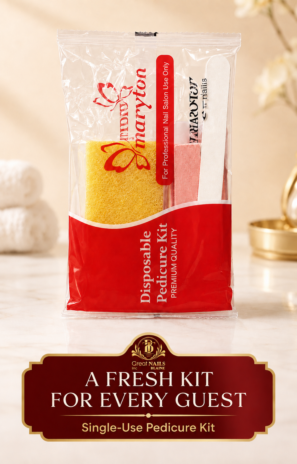 Fresh single-use pedicure kit prepared for every Great Nails guest