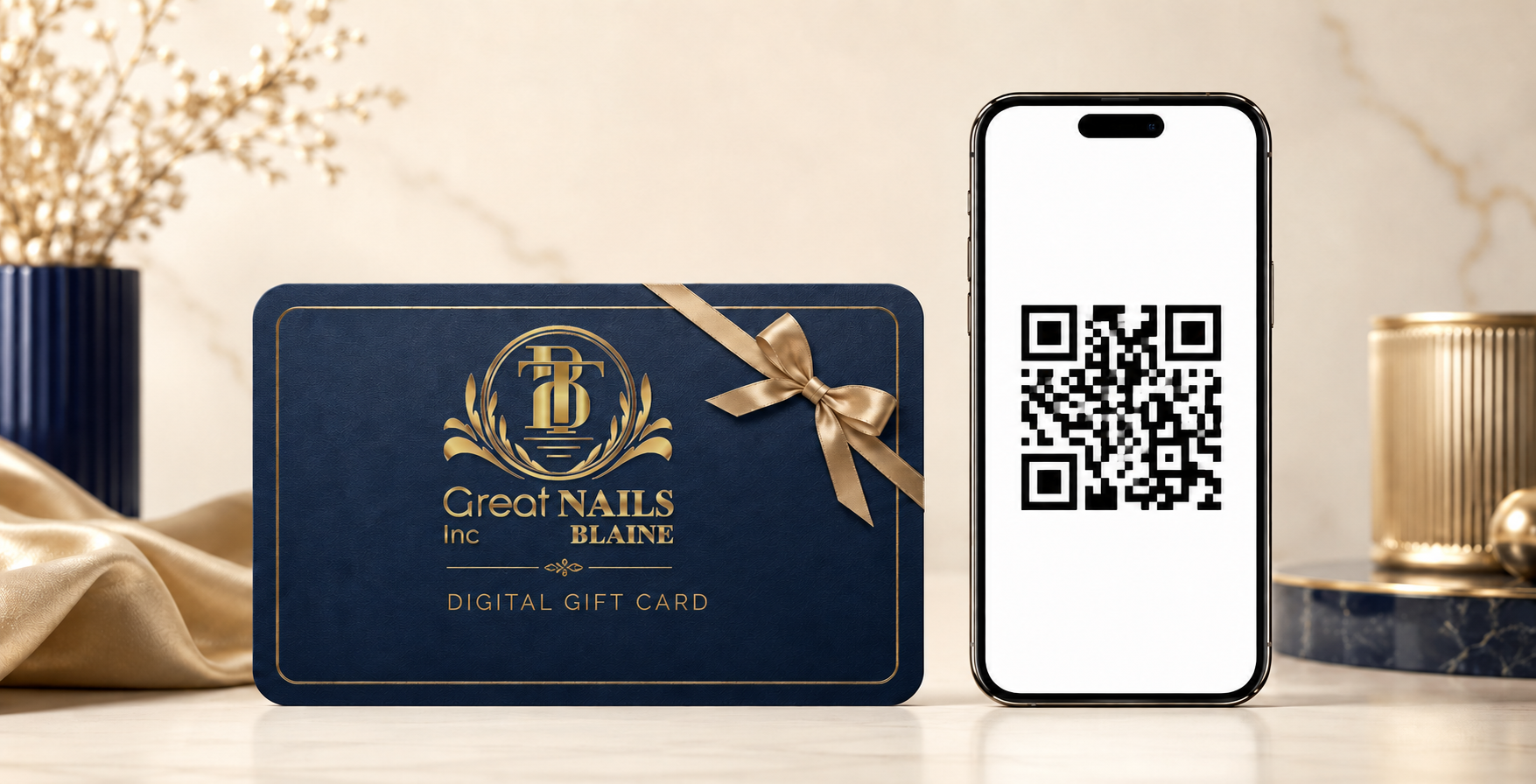 Great Nails & Spa digital gift card shown beside a phone with a QR code